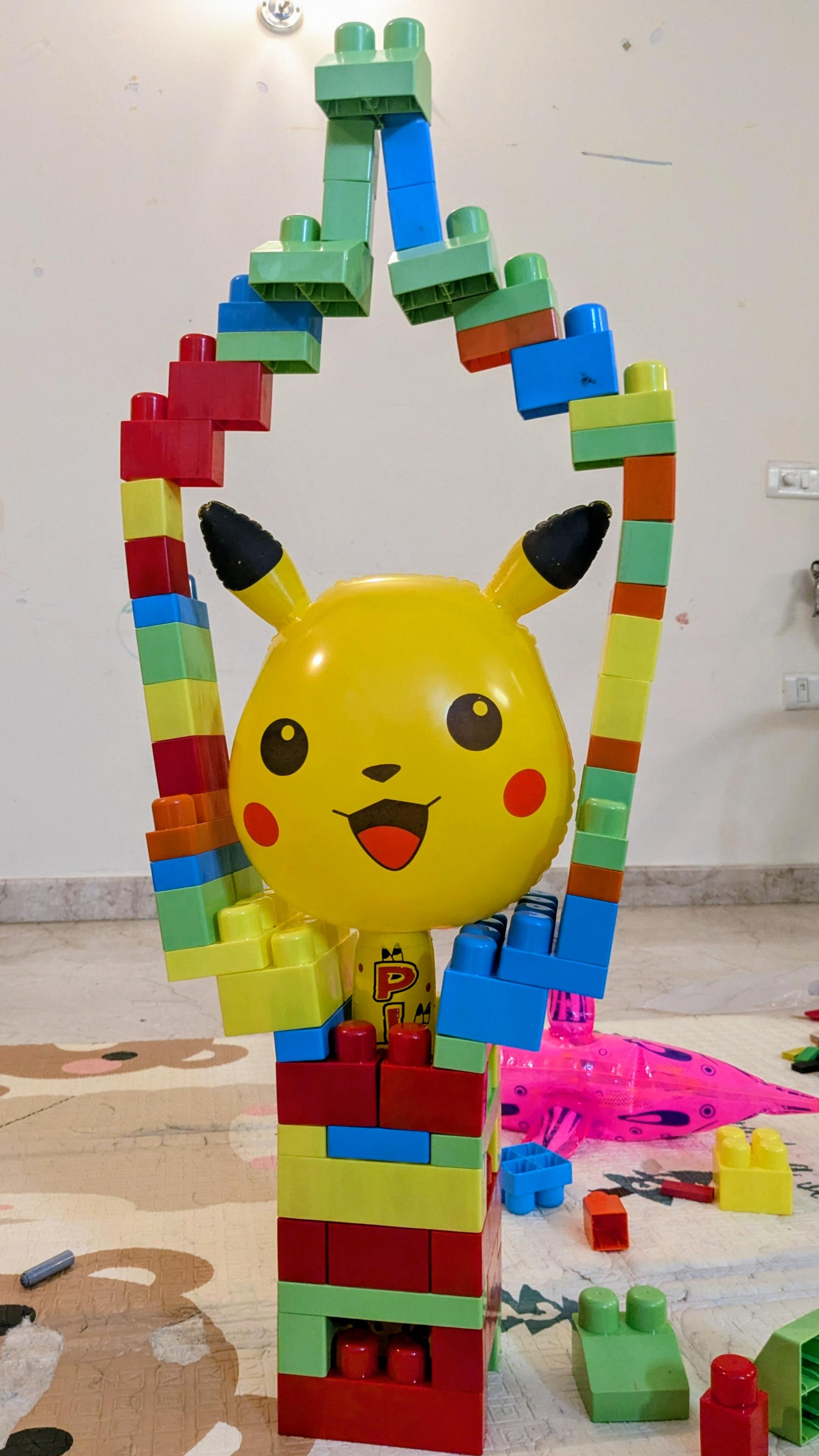 Eye of Sauron made of blocks, but it's the head of a Pikachu toy instead.