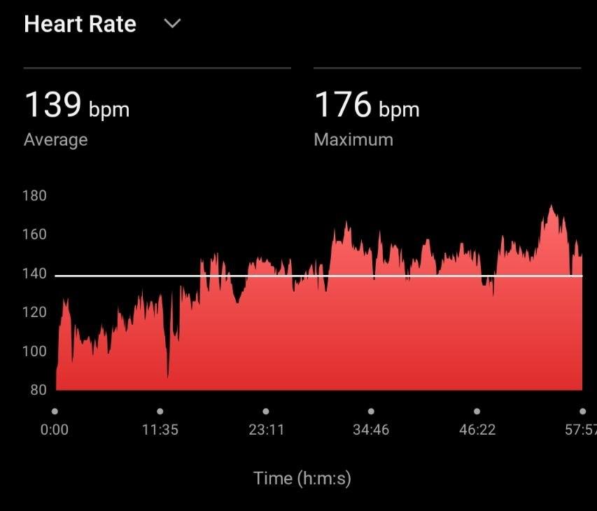 A chart of my heart rate over an hour of drumming. Starts from around 100 bpm and goes up to 176 bpm over the duration. Average is 139 bpm.