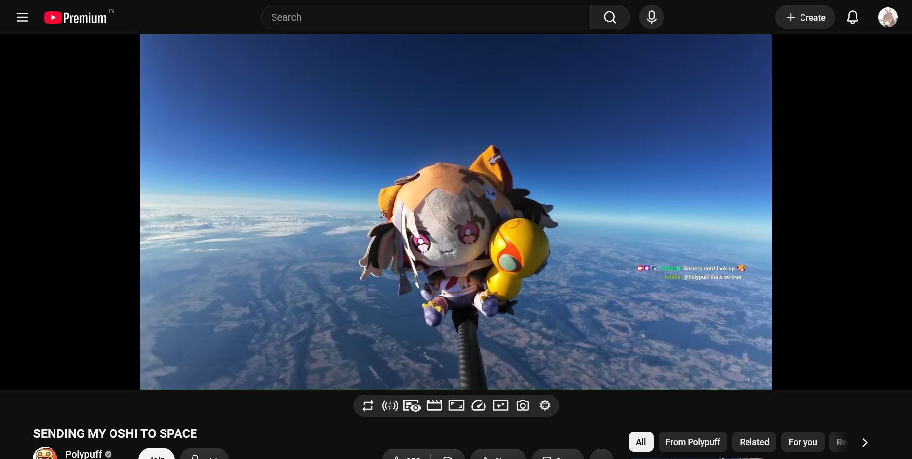 YouTube screenshot showing the Friends with U plushie of VTuber Gigi Murin floating a few kilometres in the air, on her way to the edge of the space.